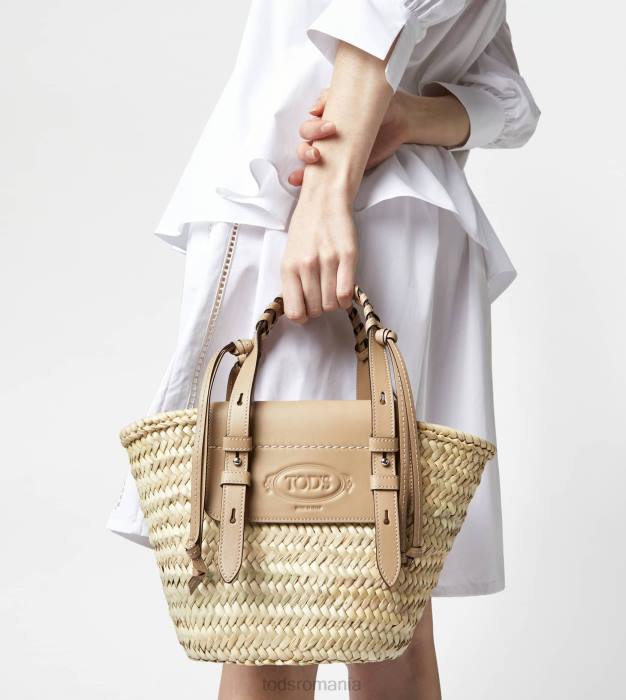 geanta de cumparaturi din paie si piele mica femei Tod's 080D332 bej