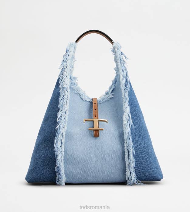 t geantă hobo atemporală din denim și piele mediu femei Tod's 080D389 albastru deschis/maro