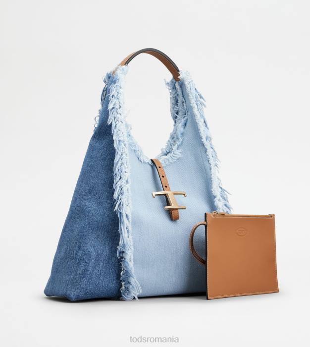 t geantă hobo atemporală din denim și piele mediu femei Tod's 080D389 albastru deschis/maro